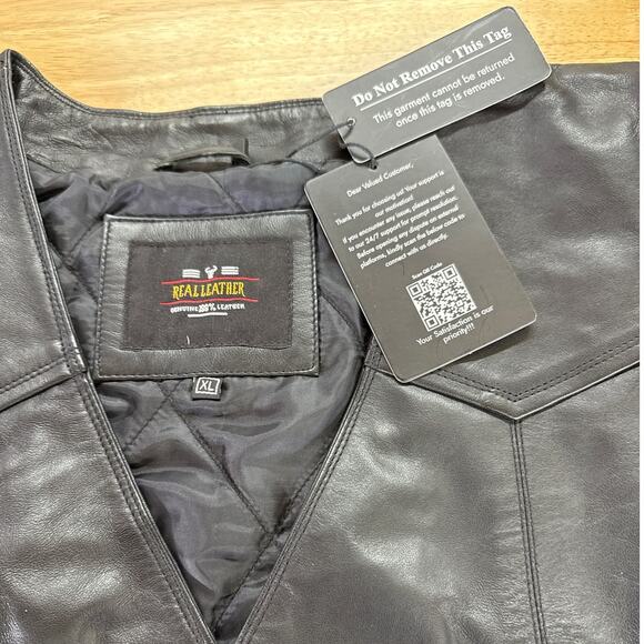 Real Leather Mens Black Bikers Vest/Waistcoat XL  NWT - Picture 2 of 4